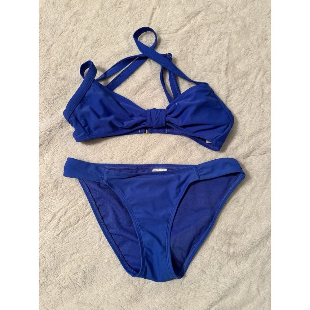 Xhilaration Solid Blue 2-Piece Bikini Set Halter Padded Adjustable Mesh S